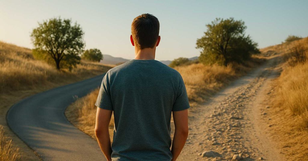 Man standing at a rural fork in the road, choosing between a paved and a rocky path, symbolizing the turning point after a DUI in Southern California.