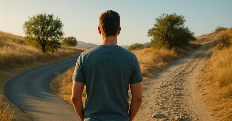 Man standing at a rural fork in the road, choosing between a paved and a rocky path, symbolizing the turning point after a DUI in Southern California.