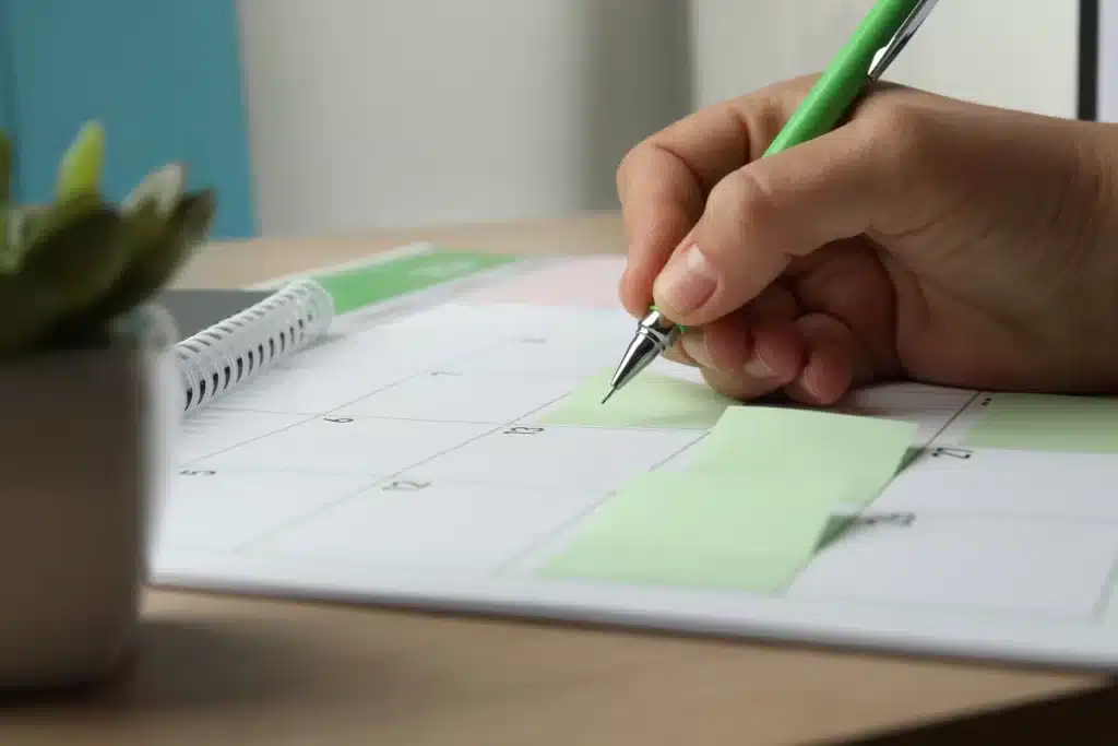 Calendar marking the first 90 days after IOP with therapy appointments and support meetings for an aftercare plan