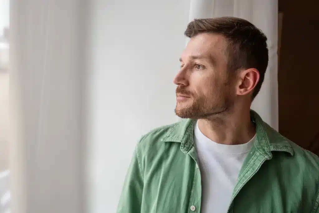 Man after a supportive outpatient therapy session, stepping care back up with IOP after a relapse