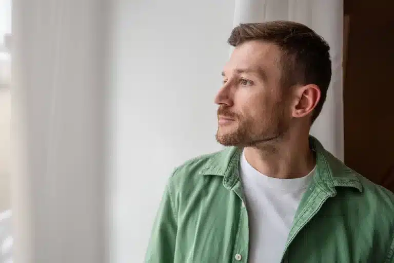 Man after a supportive outpatient therapy session, stepping care back up with IOP after a relapse
